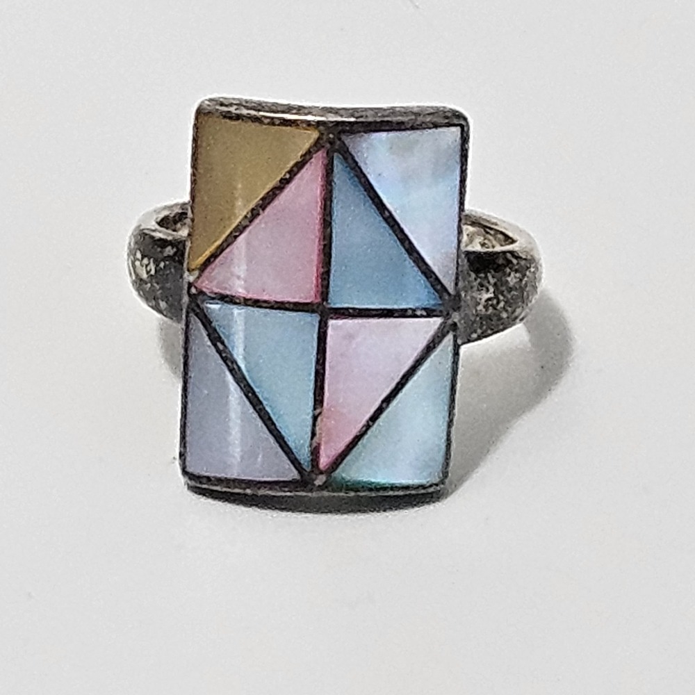 Vintage Mother of Pearl Mosaic Sterling Silver Ring Pastel Geometric 925 Size 8 - Picture 1 of 7